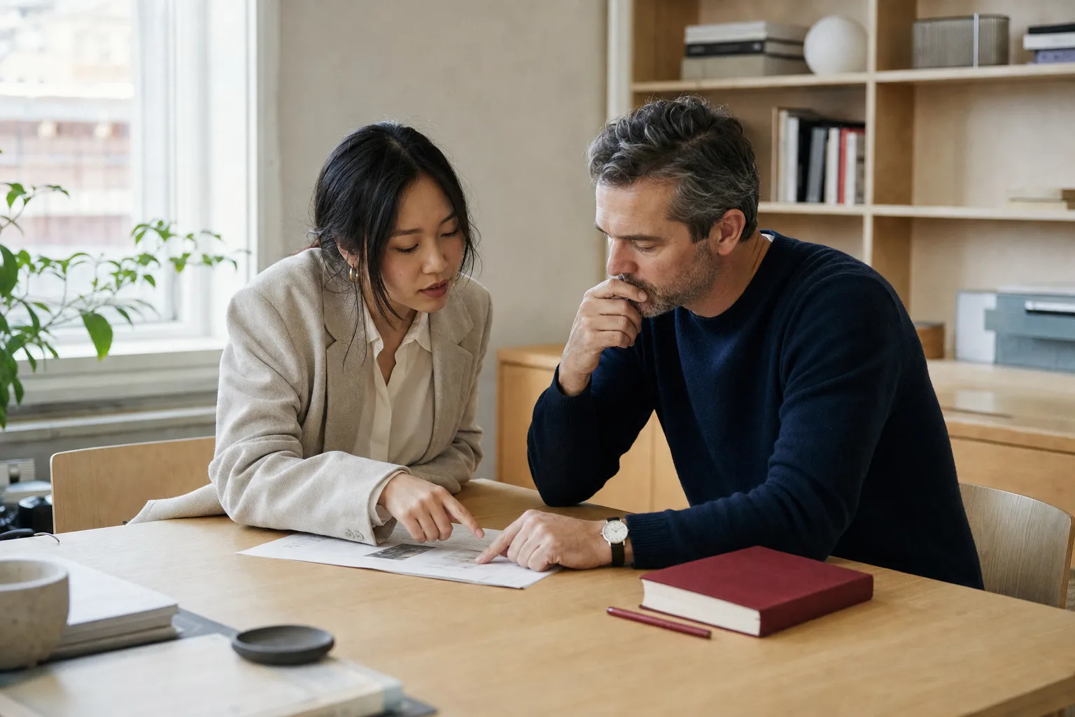 Two colleagues reviewing a printed document together at a table, one pointing to a detail as the other considers it.