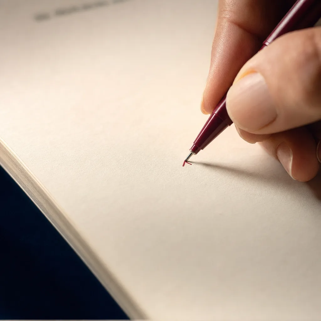 A person’s hands making a small, precise correction in the margin of a printed article with a red pen.