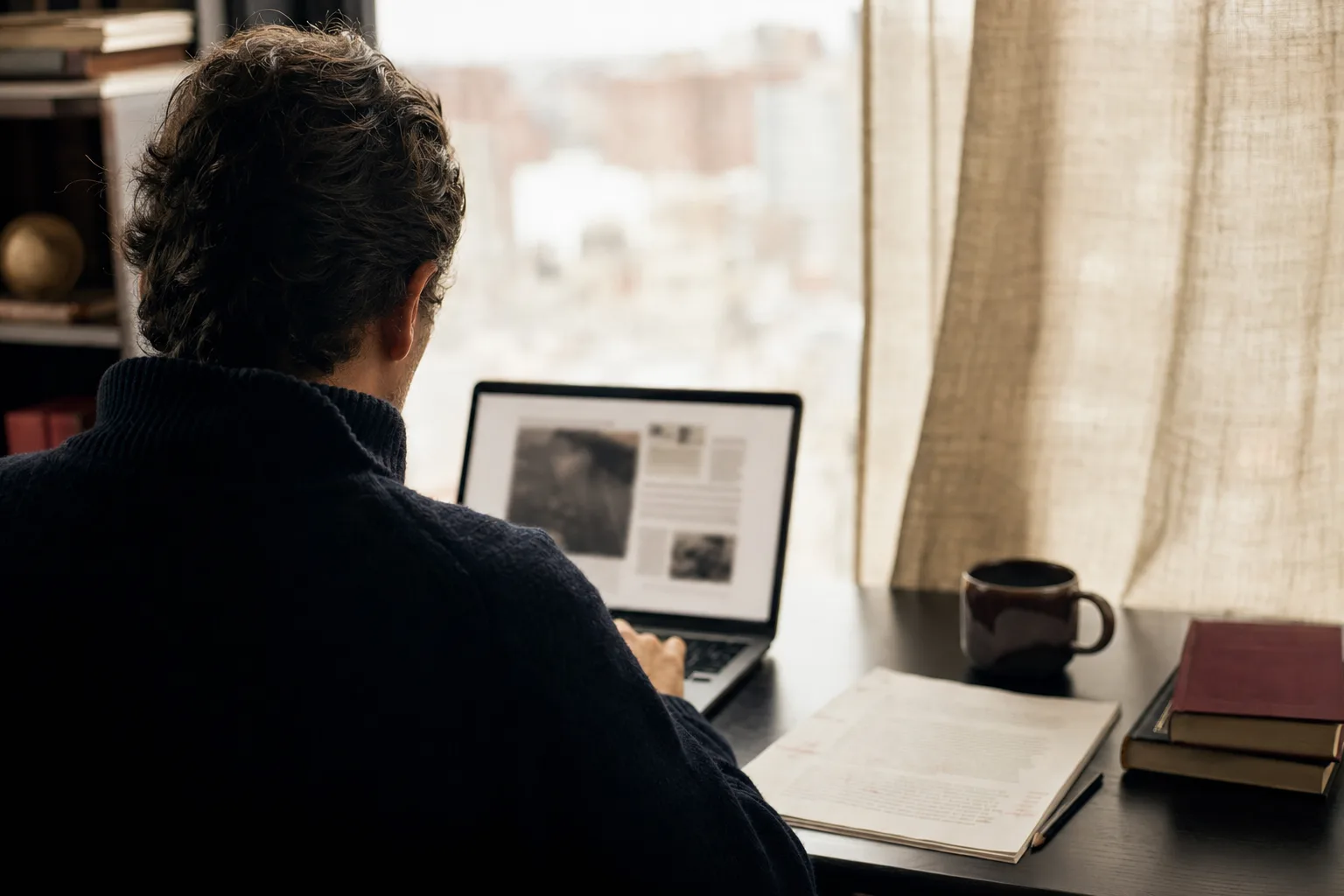 A person reading an article on a laptop by a window, a printed page and bound books resting on the desk beside them.
