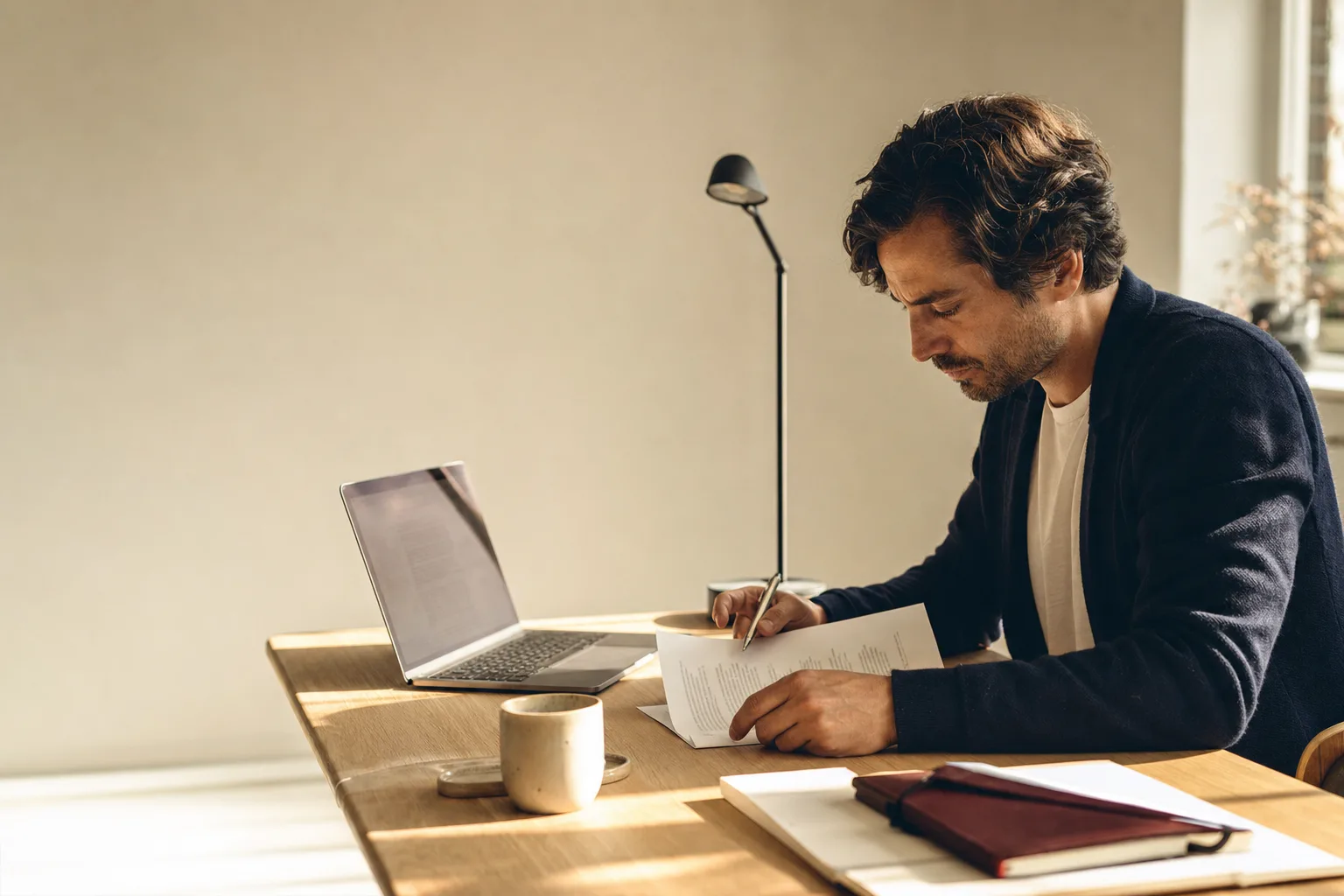 An editor at a sunlit desk reviewing and annotating a printed article by hand, with a laptop open beside them.