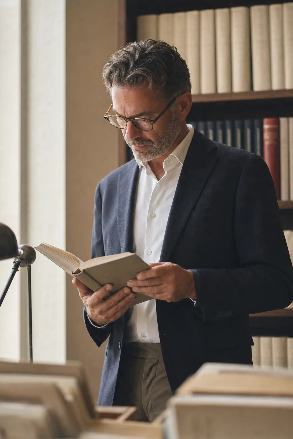 A person reading a bound reference volume in a calm, book-lined study.